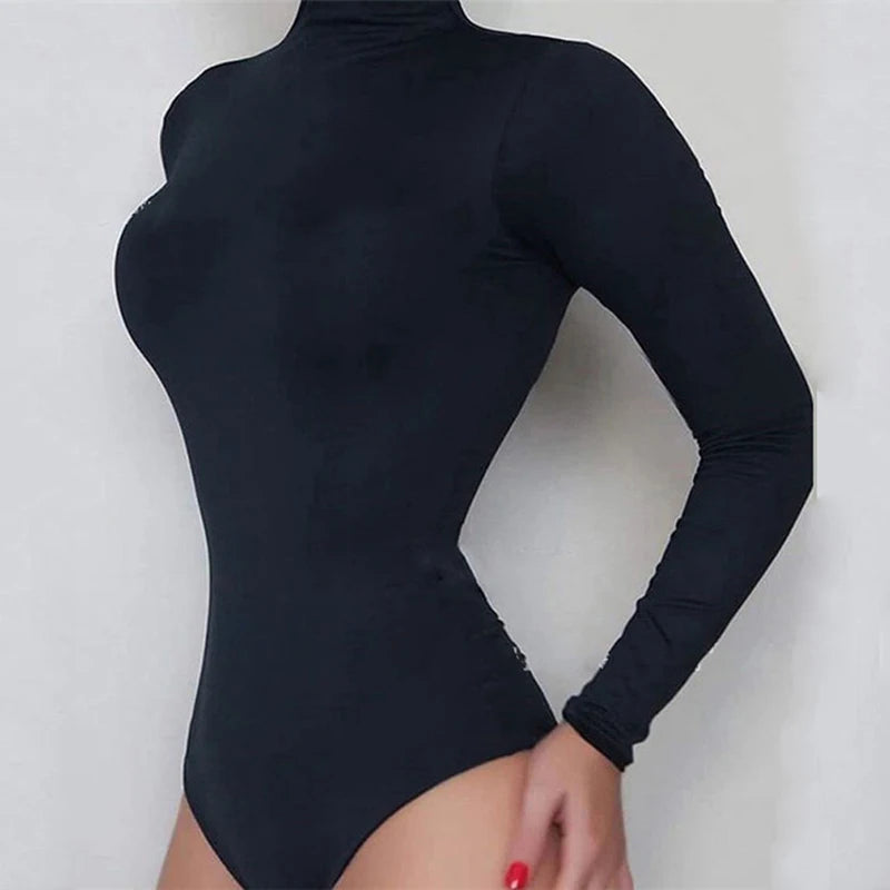 Women Black Long Sleeve Turtleneck Bodysuit.