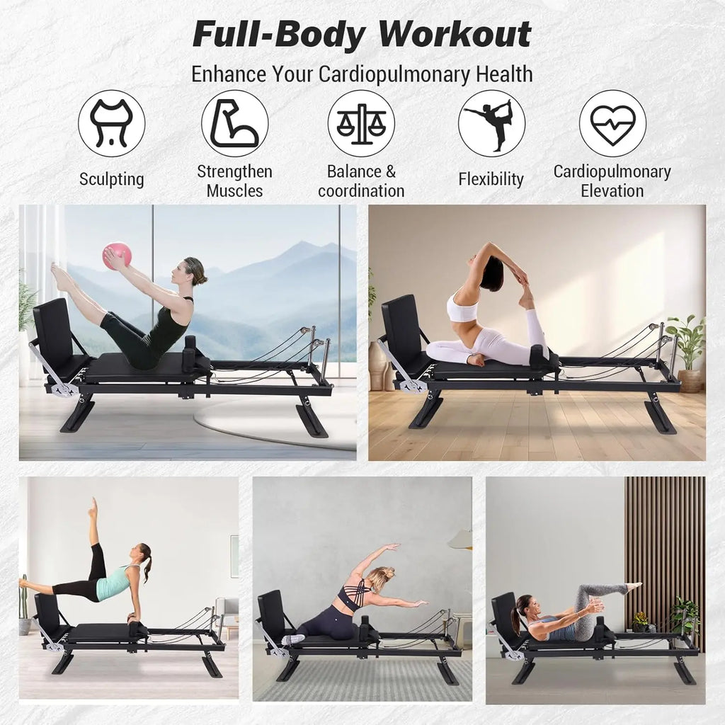 Foldable Reformer Pilates Machine with Adjustable Reformer Heights.