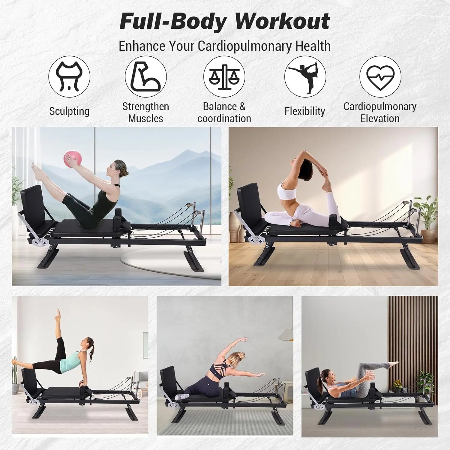 Foldable Reformer Pilates Machine with Adjustable Reformer Heights.