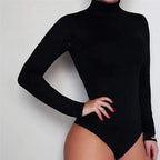 Women Black Long Sleeve Turtleneck Bodysuit.