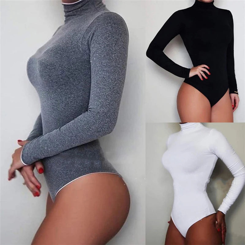 Women Black Long Sleeve Turtleneck Bodysuit.