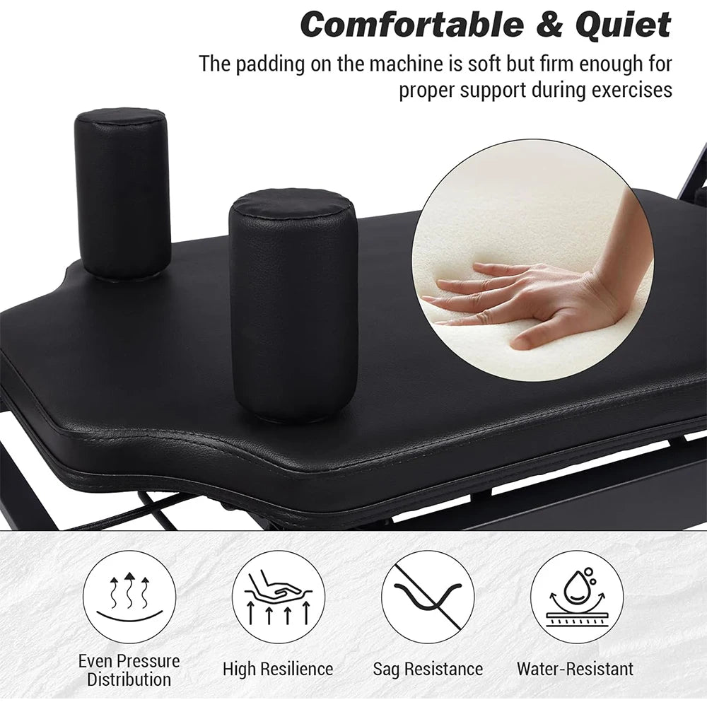 Foldable Reformer Pilates Machine with Adjustable Reformer Heights.