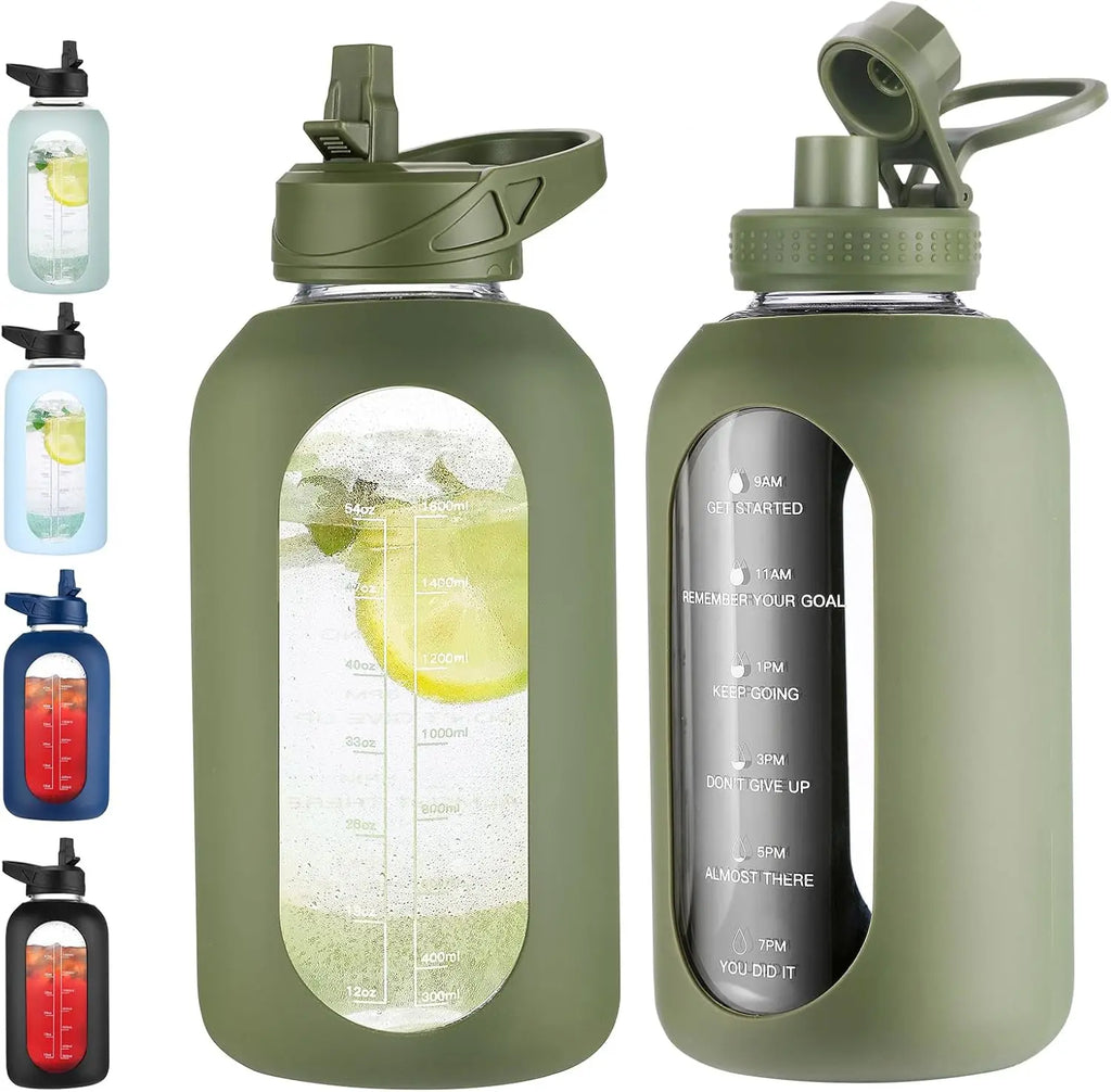 64 oz Glass Water Bottle with Straw & Handle