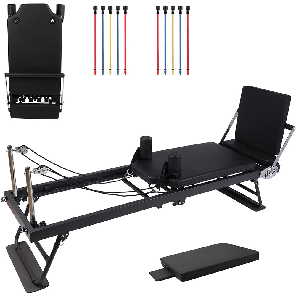 Foldable Reformer Pilates Machine with Adjustable Reformer Heights.