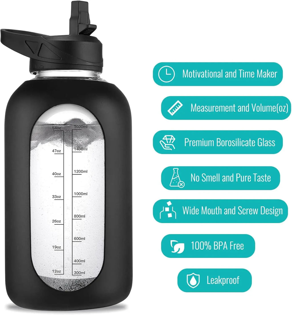 64 oz Glass Water Bottle with Straw & Handle