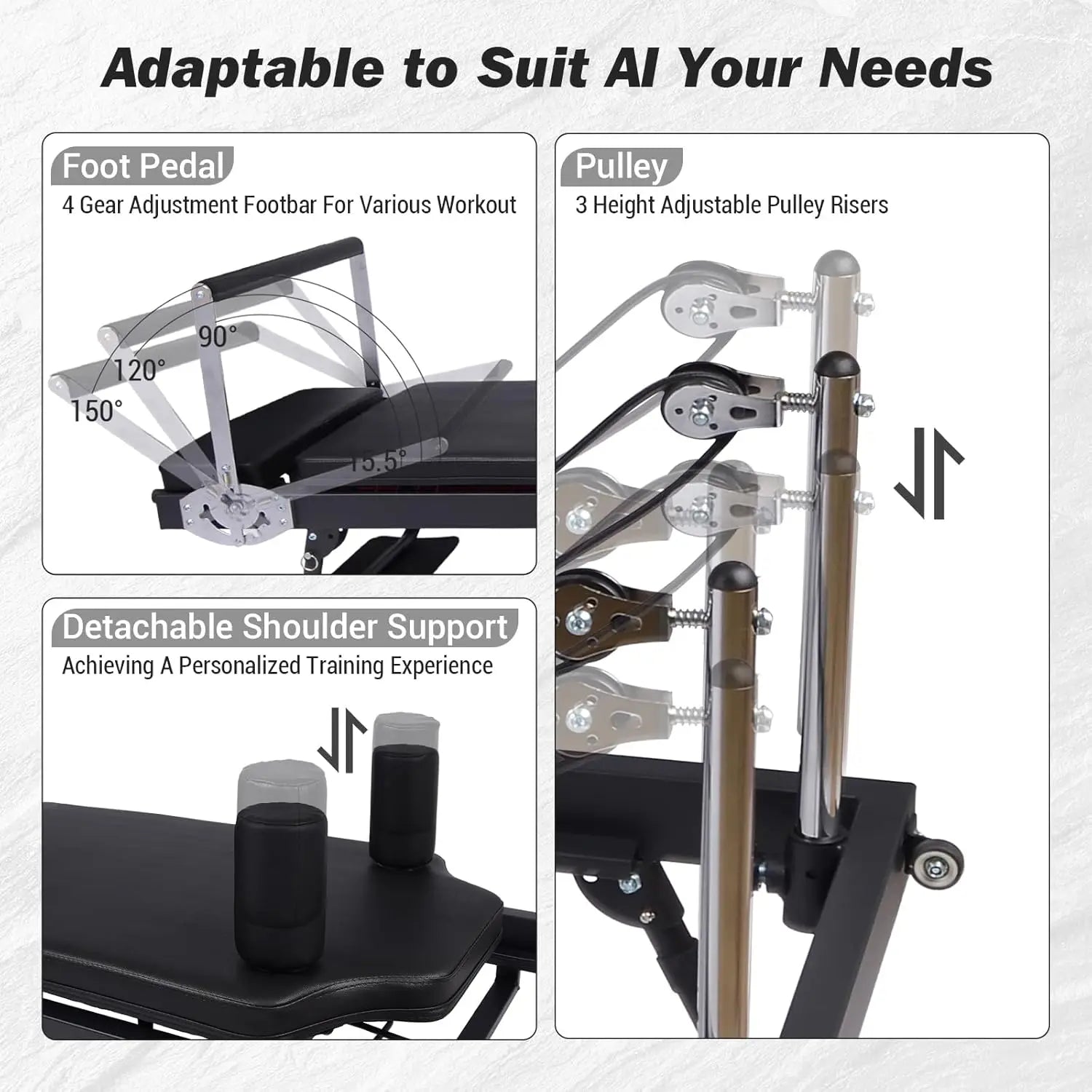 Foldable Reformer Pilates Machine with Adjustable Reformer Heights.