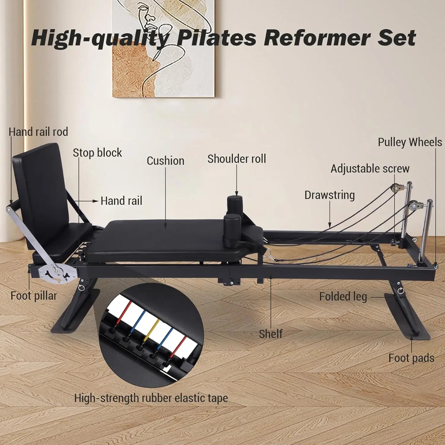 Foldable Reformer Pilates Machine with Adjustable Reformer Heights.
