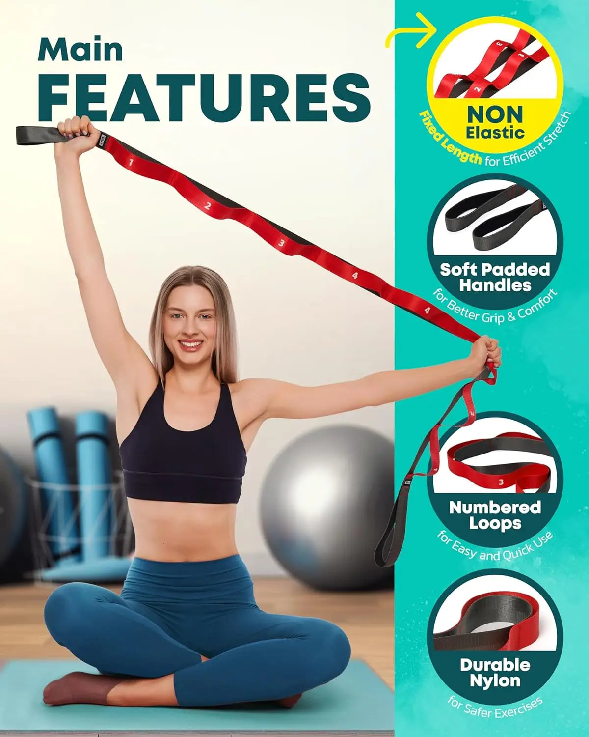 Non-Elastic Stretch Band with Loops for Yoga.
