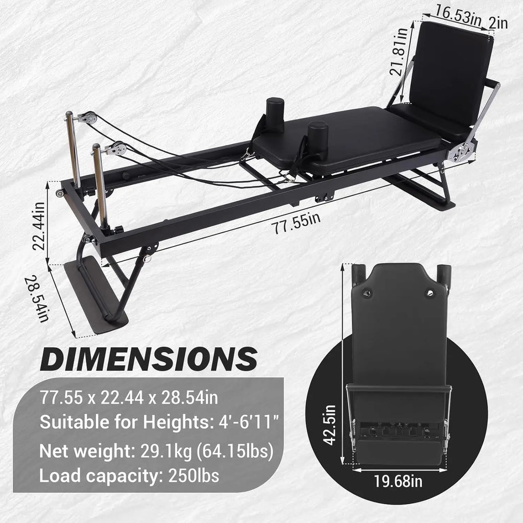 Foldable Reformer Pilates Machine with Adjustable Reformer Heights.