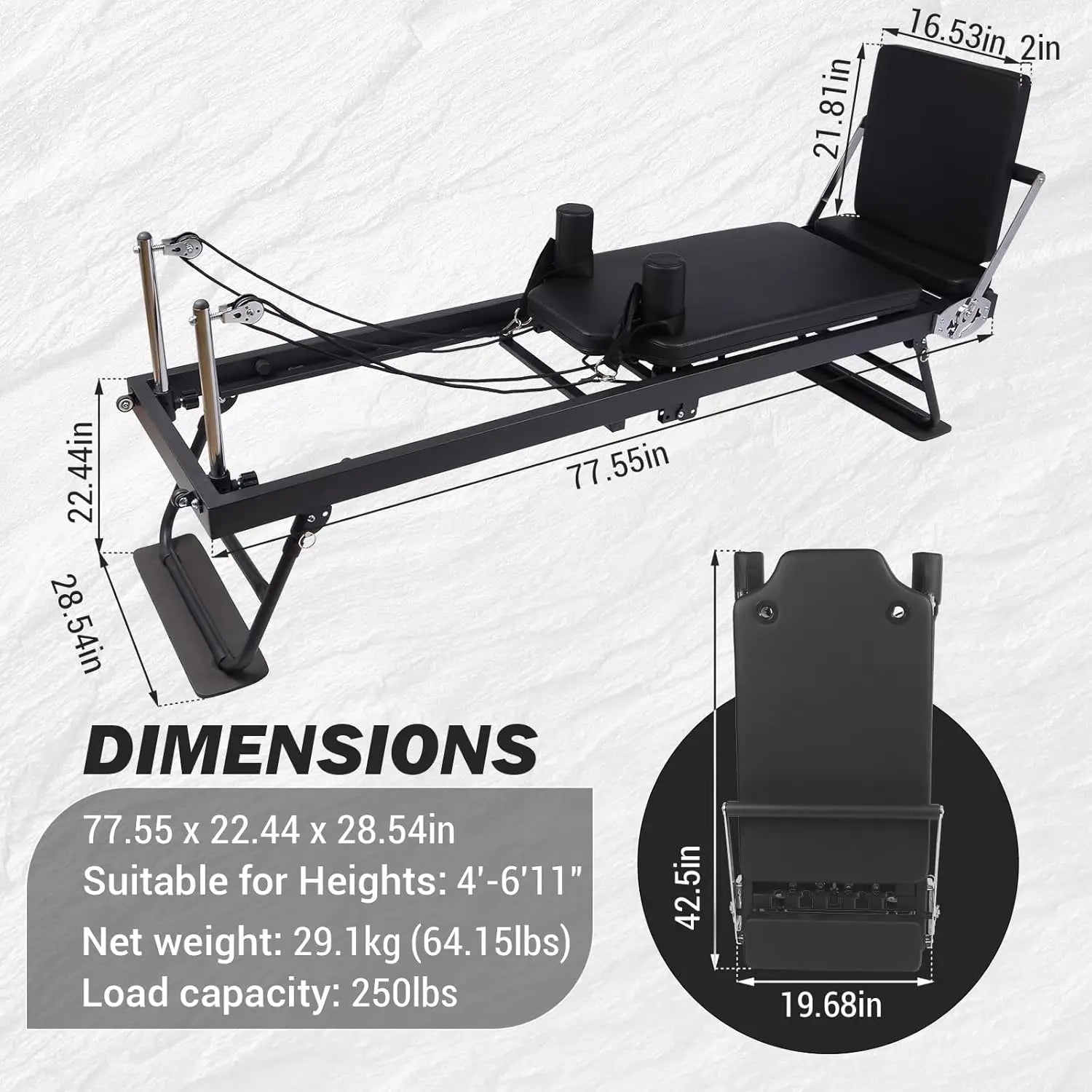 Foldable Reformer Pilates Machine with Adjustable Reformer Heights.